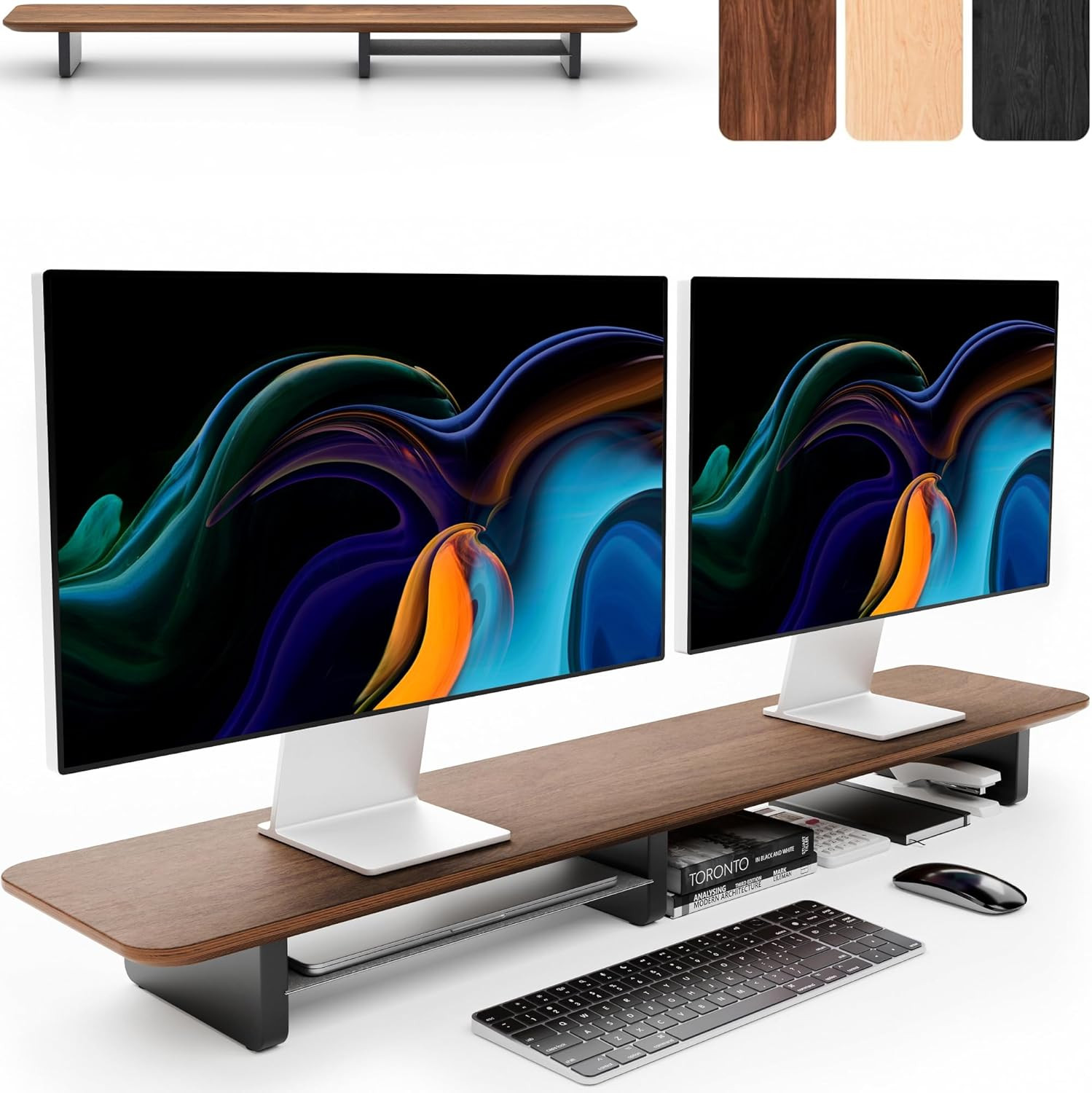 Dual Monitor Riser with Integrated Metal Shelf - Wooden Desk Shelf for Top of De