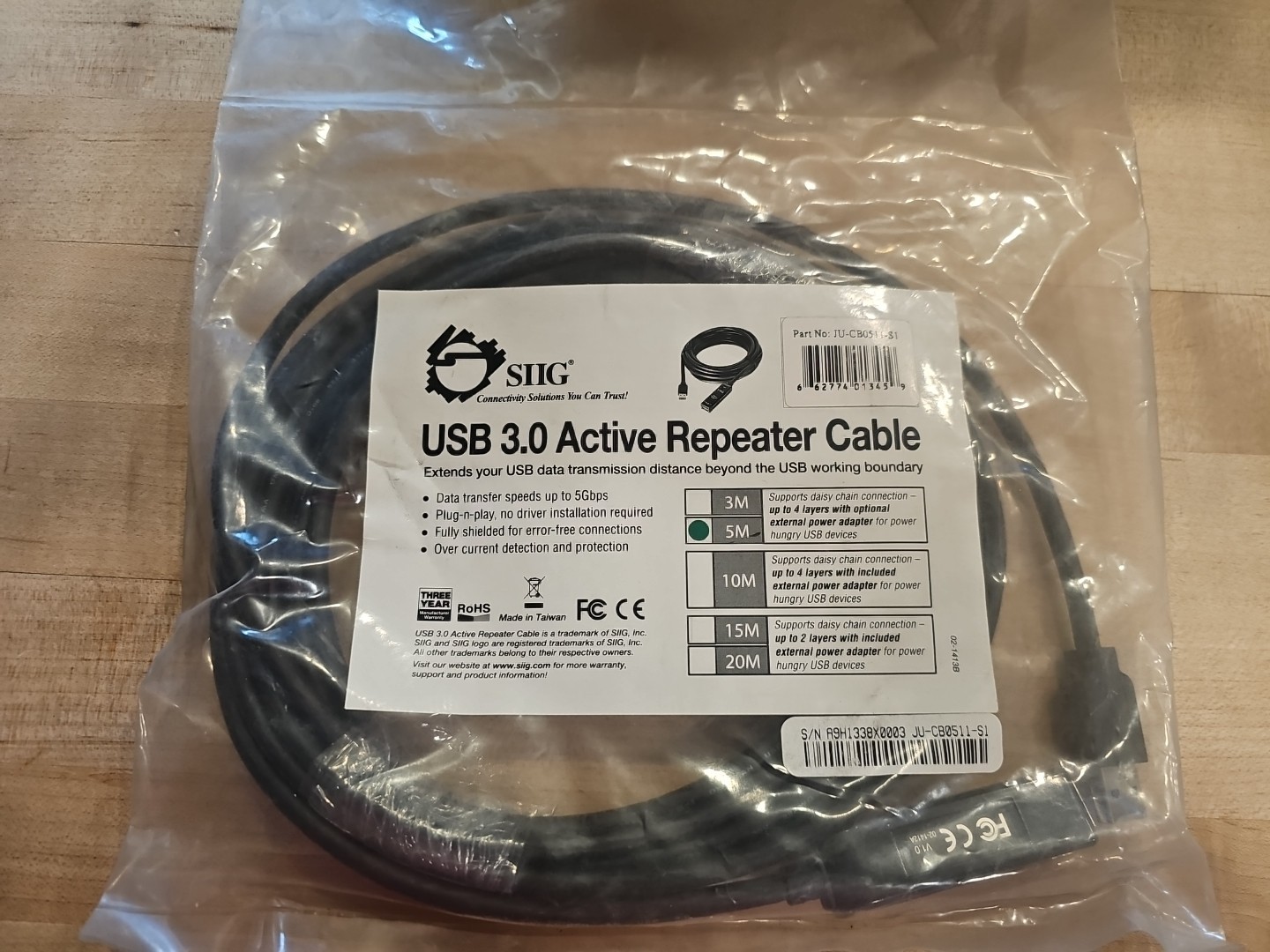 SIIG JU-CB0511-S1 Black USB 3.0 Active Repeater Cable 5 M Meter