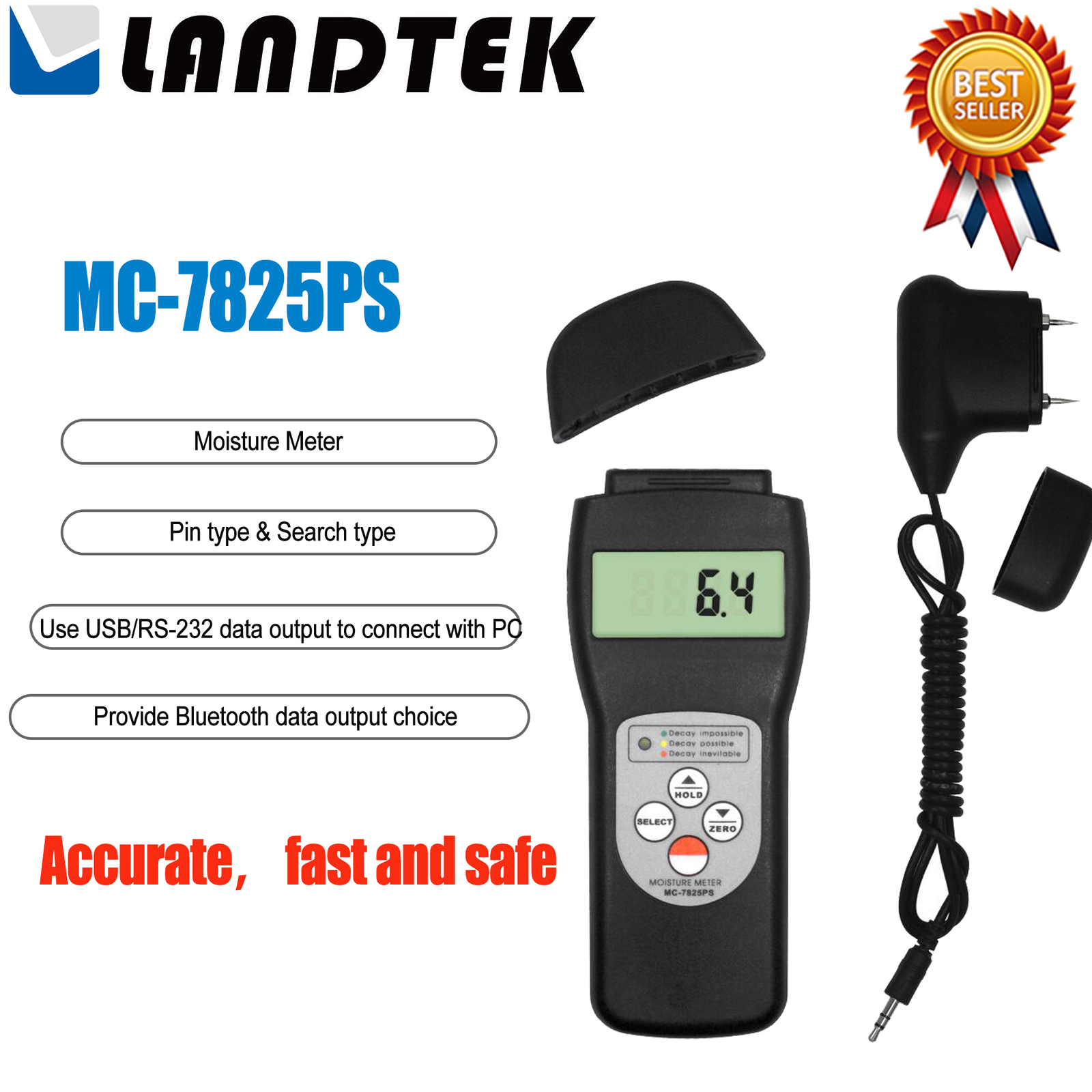 LANDTEK MC-7825PS Pin Type & Search Type Wood Moisture Meter ✦Kd