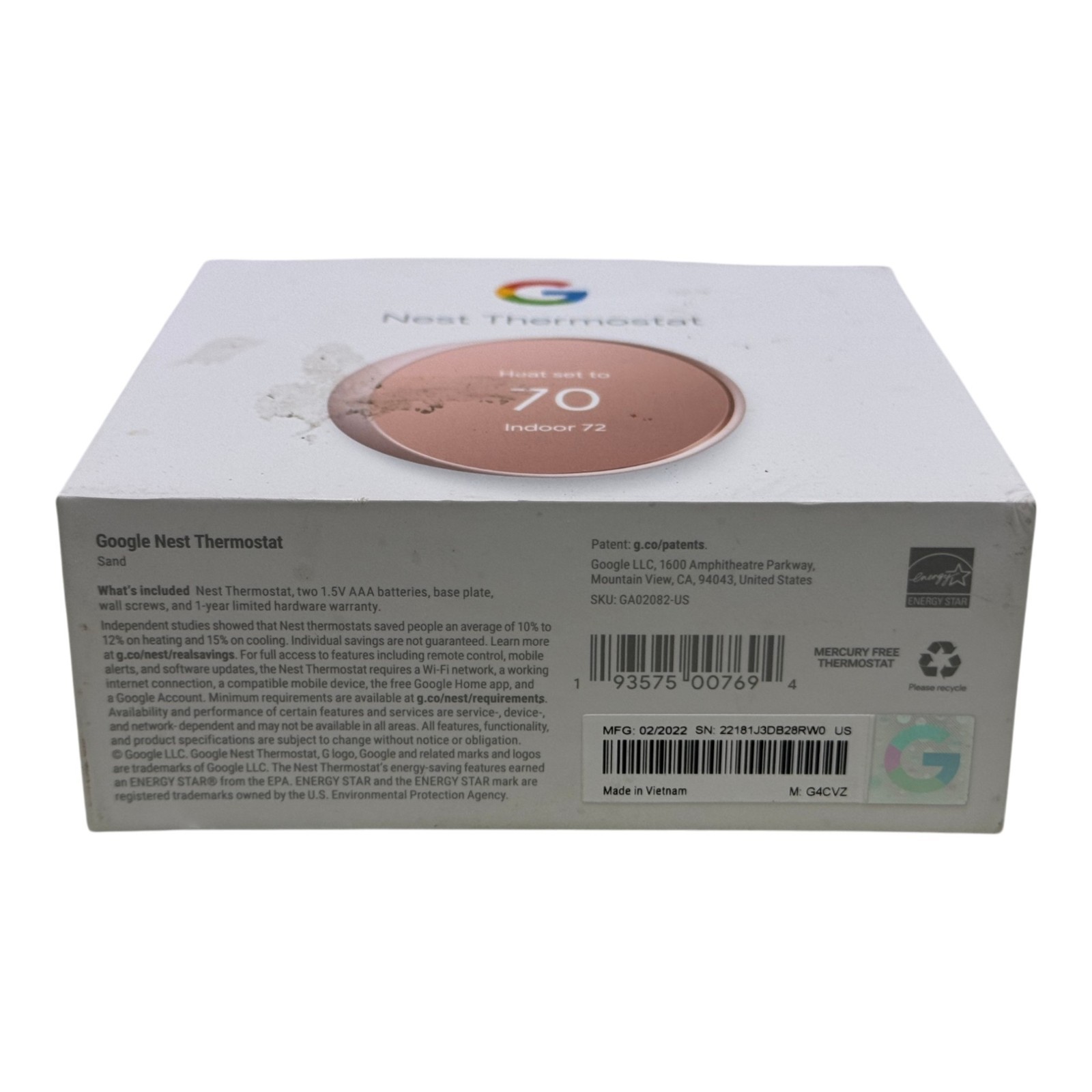 Google Nest Thermostat GA02082-US Smart WiFi Programmable Sand Open Box
