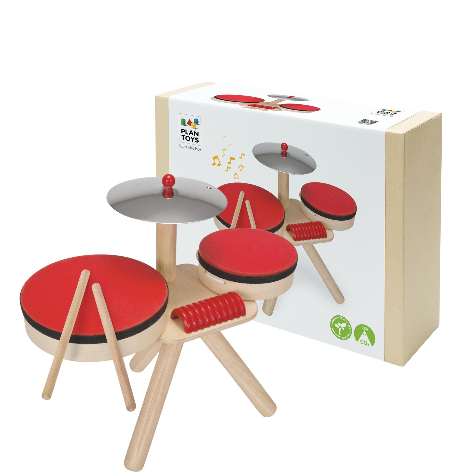 PlanToys® Musical Band Wooden Montessori Drum, Cymbal and Guiro Set | Early S...