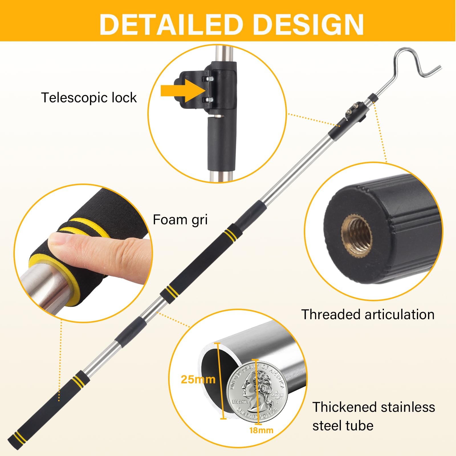 Clothes Hooks, 49"-91" Extendable Coat Hook Durable and Sturdy Telescopic Pol...