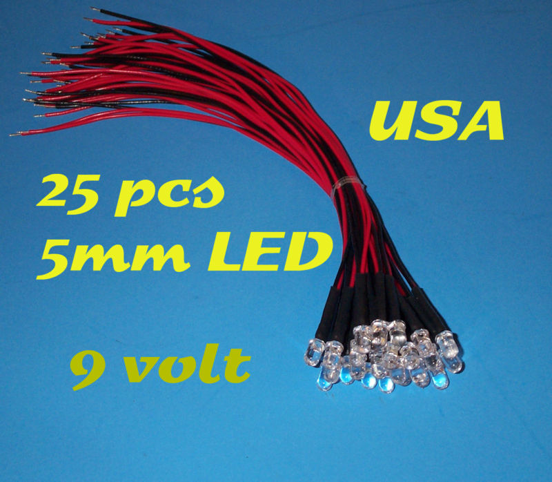 25 PCS PRE WIRED GREEN LED LIGHTS 5mm 9 VOLT 9V PREWIRED LEDs