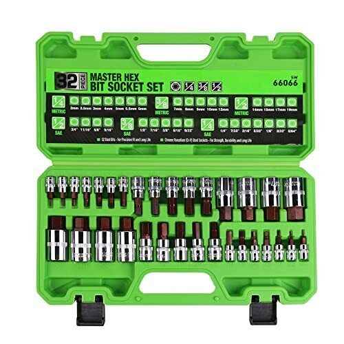 SWANLAKE 32 Piece Hex Bit Socket Set,SAE and Metric, 1/4'', 3/8', 1/2'' Drive