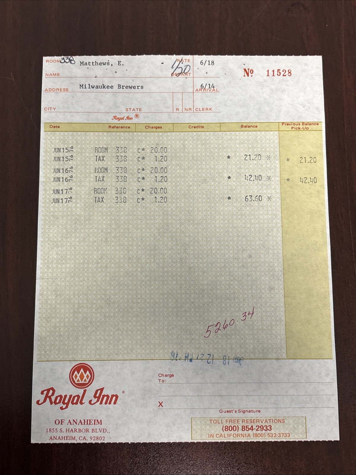 Eddie Matthews Vintage Hotel Checkout Receipt Royal Inn Milwaukee Brewers HOF