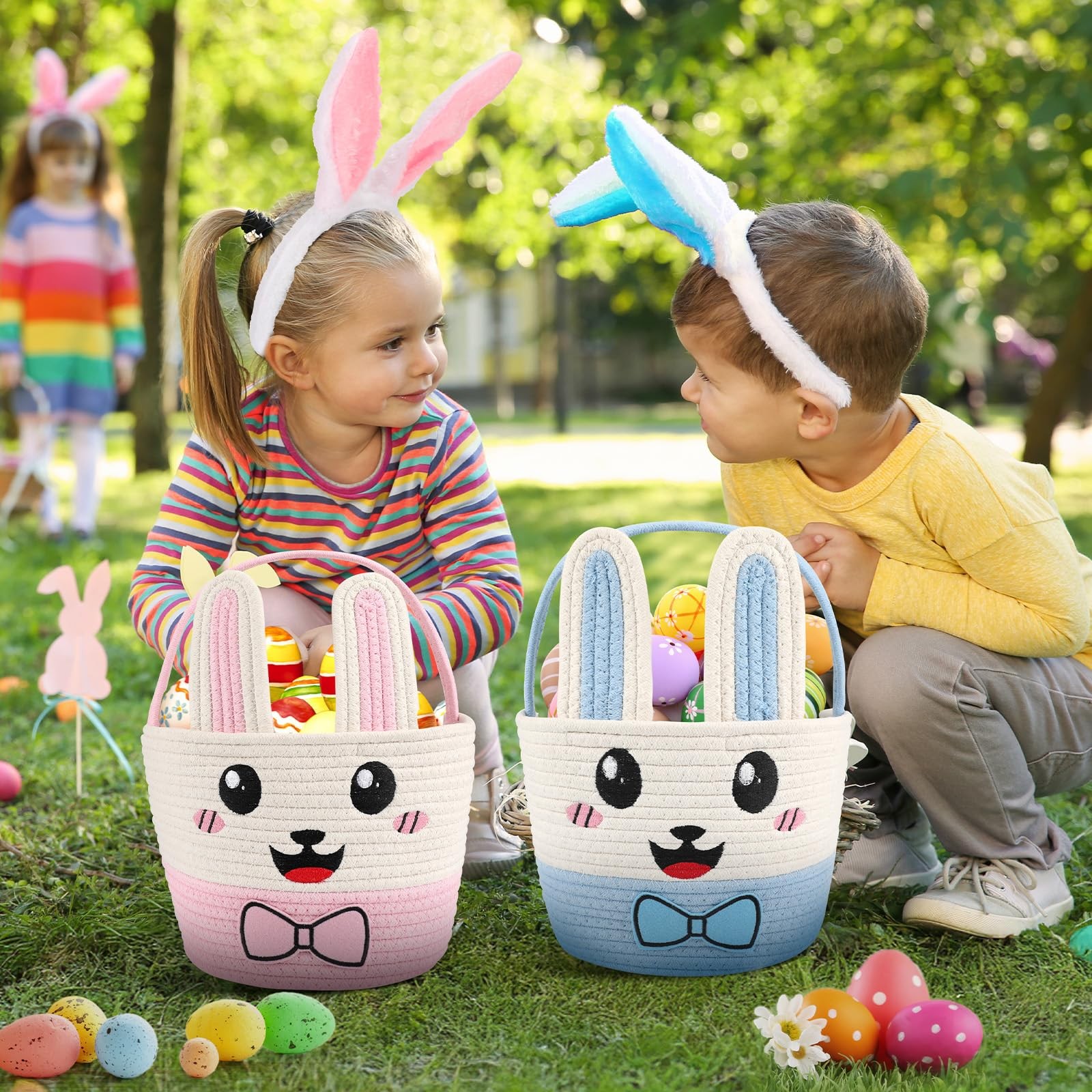 Hooutky Easter Bunny Basket for Kids, Large Capacity Easter Egg Fillable Bask...