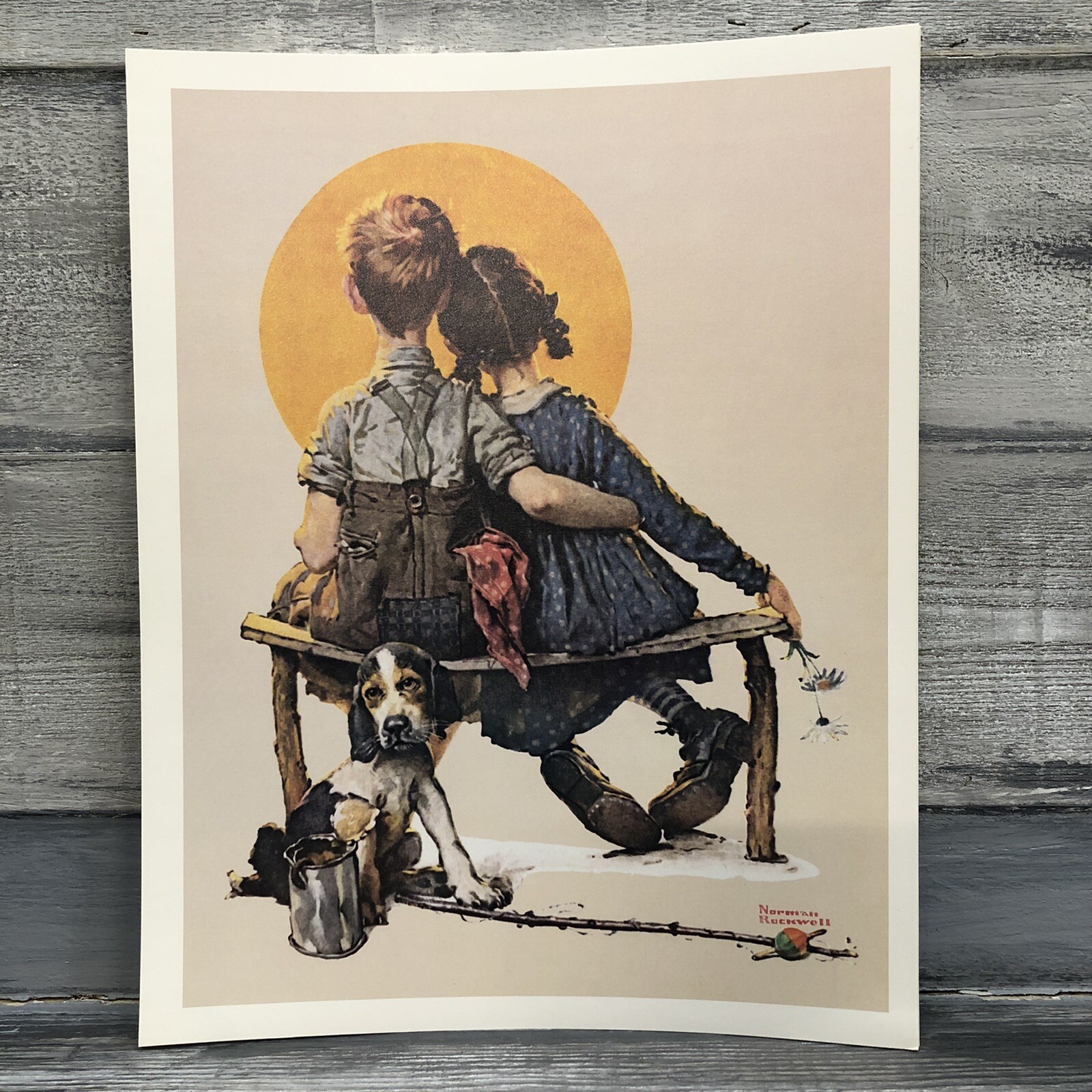 Norman Rockwell Print THE LITTLE SPOONERS Boy Girl Puppy Love Repro 14x11