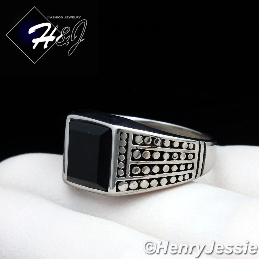 MEN's Stainless Steel Black Square Onyx Silver/Black Plated Ring Size 7-13*R20