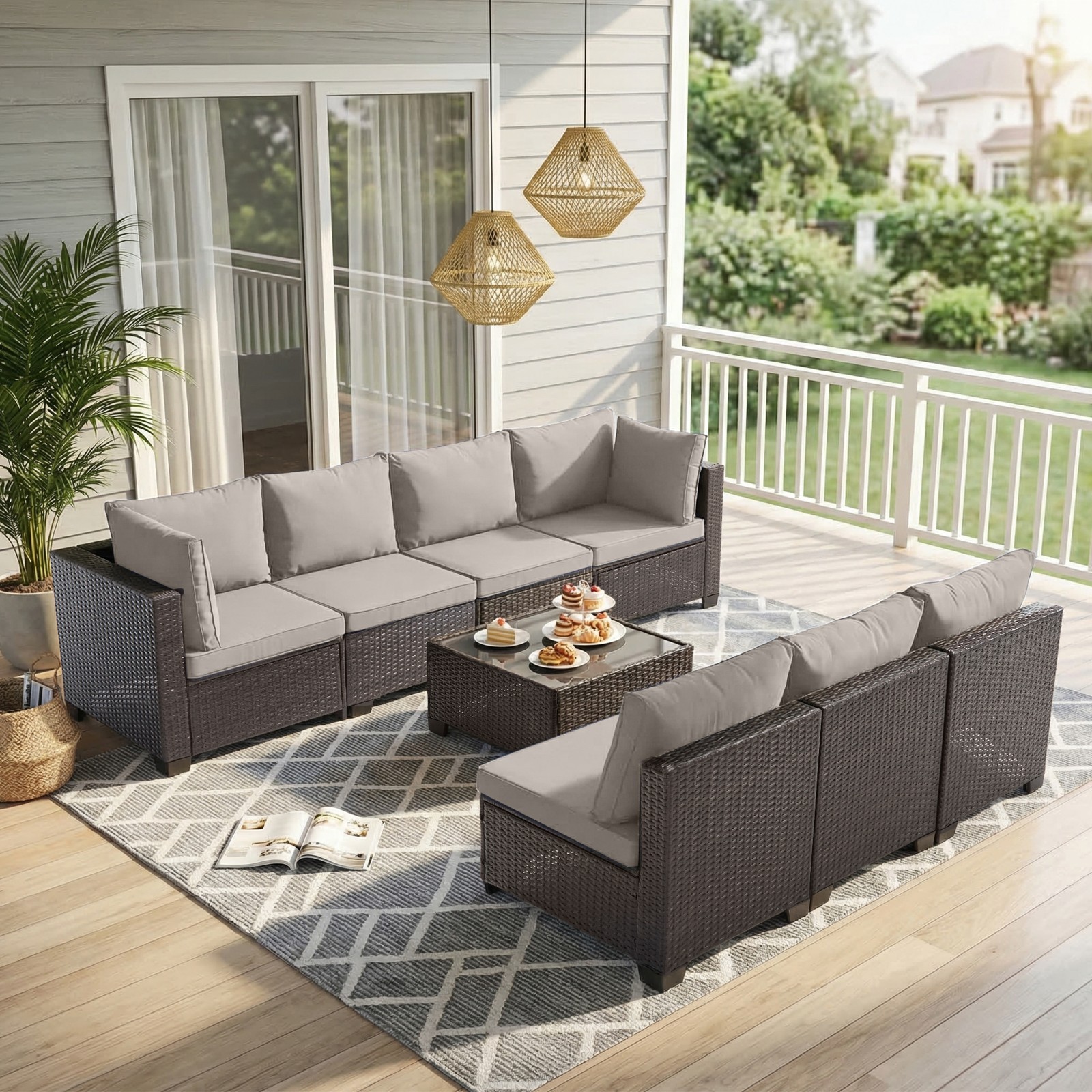 7 Pieces Outdoor Furniture Set Patio Wicker Rattan Sectional Sofa with Table