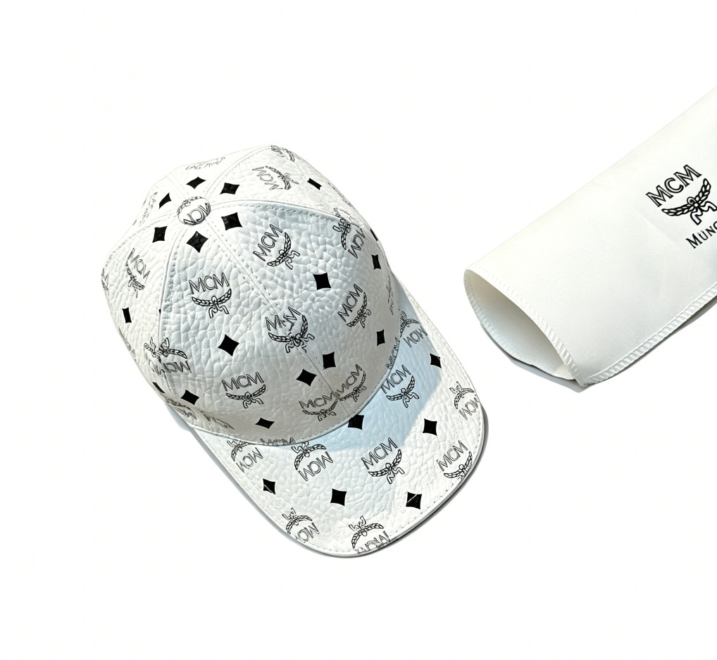 NWT Classic MCM All Over Logo Adjustable White Leather Baseball Cap