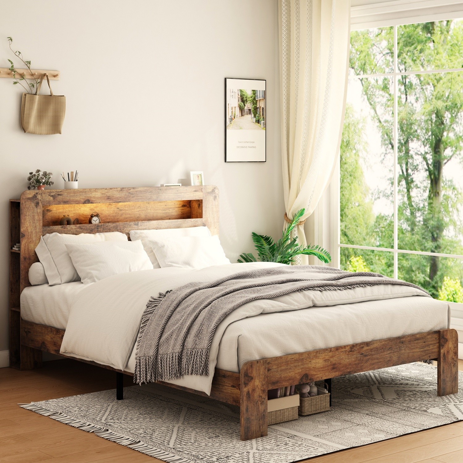 Full Size Bed Frame Wood Platform Bed w/ Storage LED Light Headboard & USB Ports