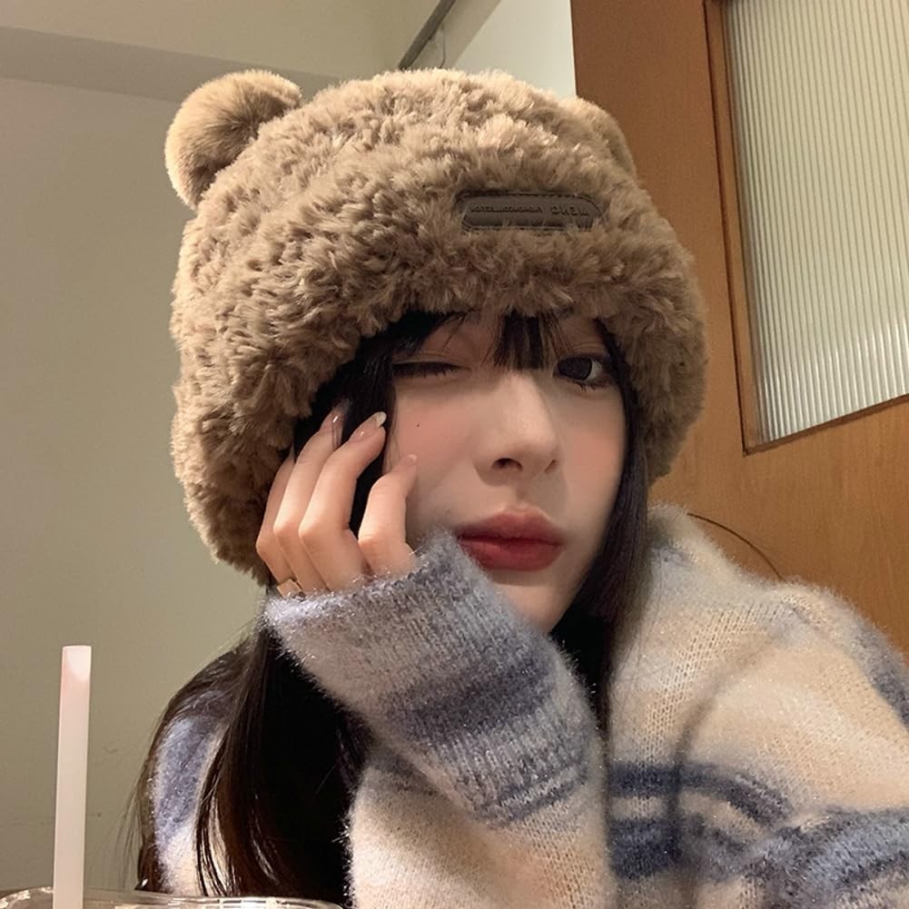Y2K Beanie Hat for Women Cute Fuzzy Bear Ear Beanie Hat Furry Slouchy Faux Fu...