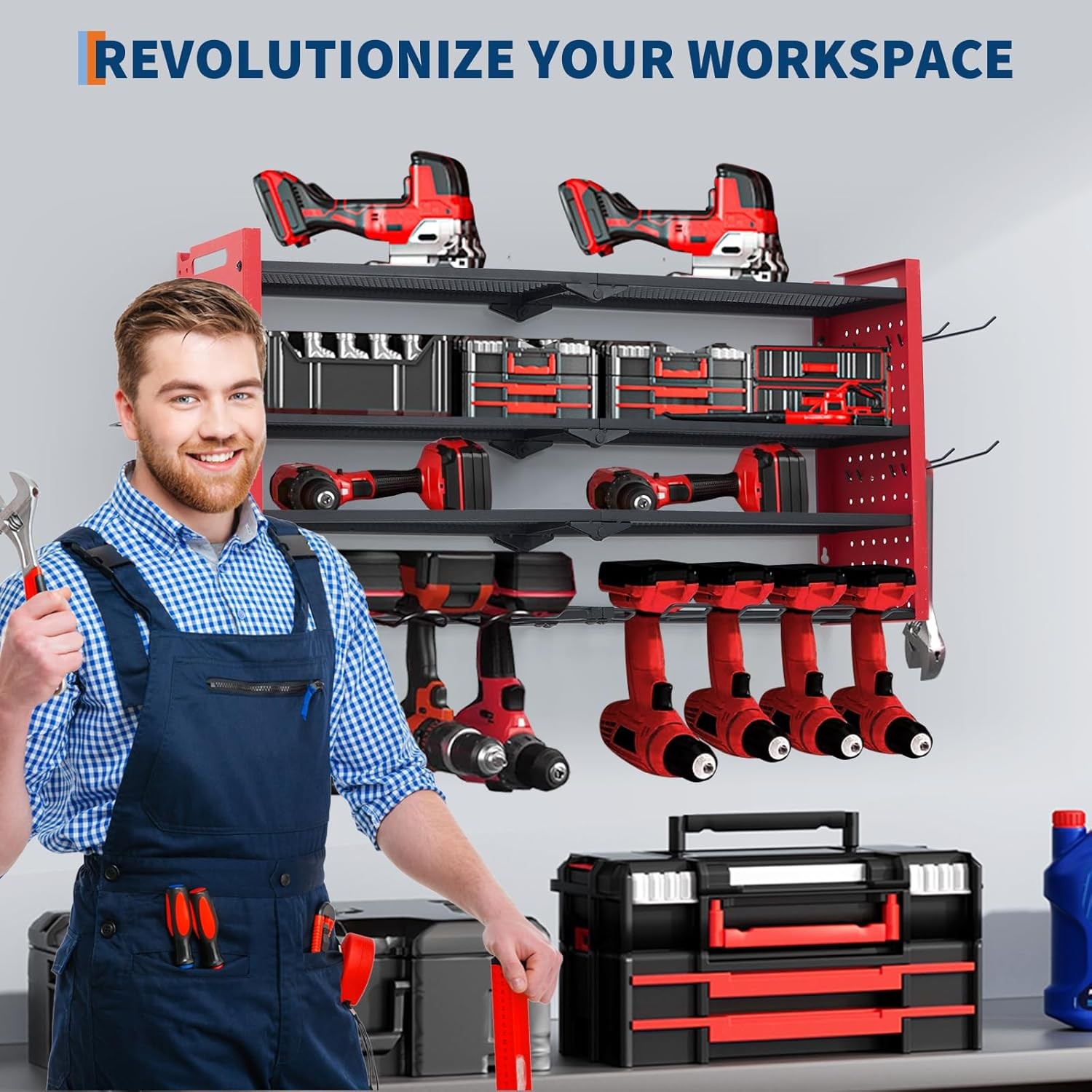 Power Tool Organizer Wall Mounted 4-Layer Drill Storage Rack w/ 8 Drill Holders