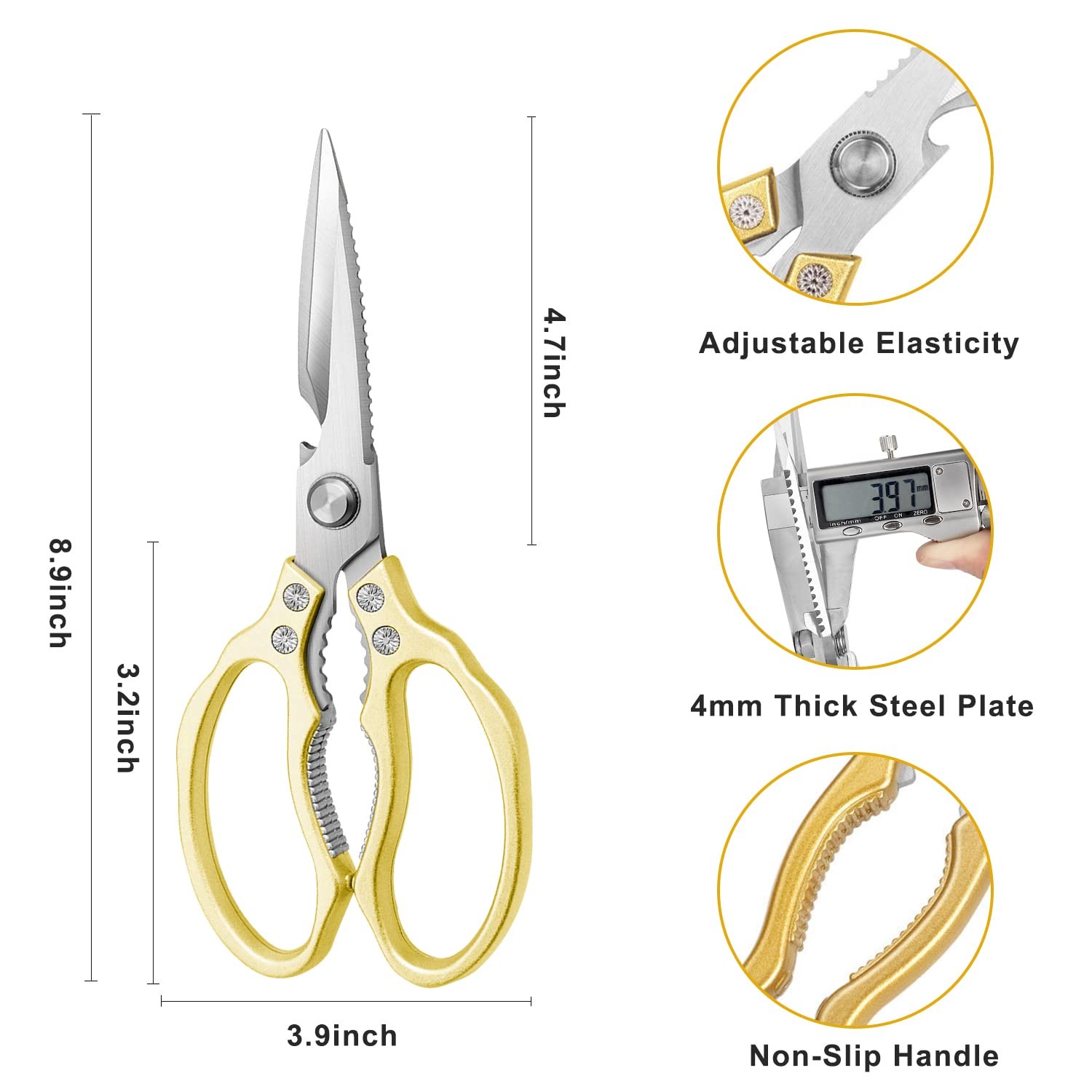 AWinjoy Kitchen Scissors, Heavy Duty Sharp Shears Dishwasher Safe, Gold