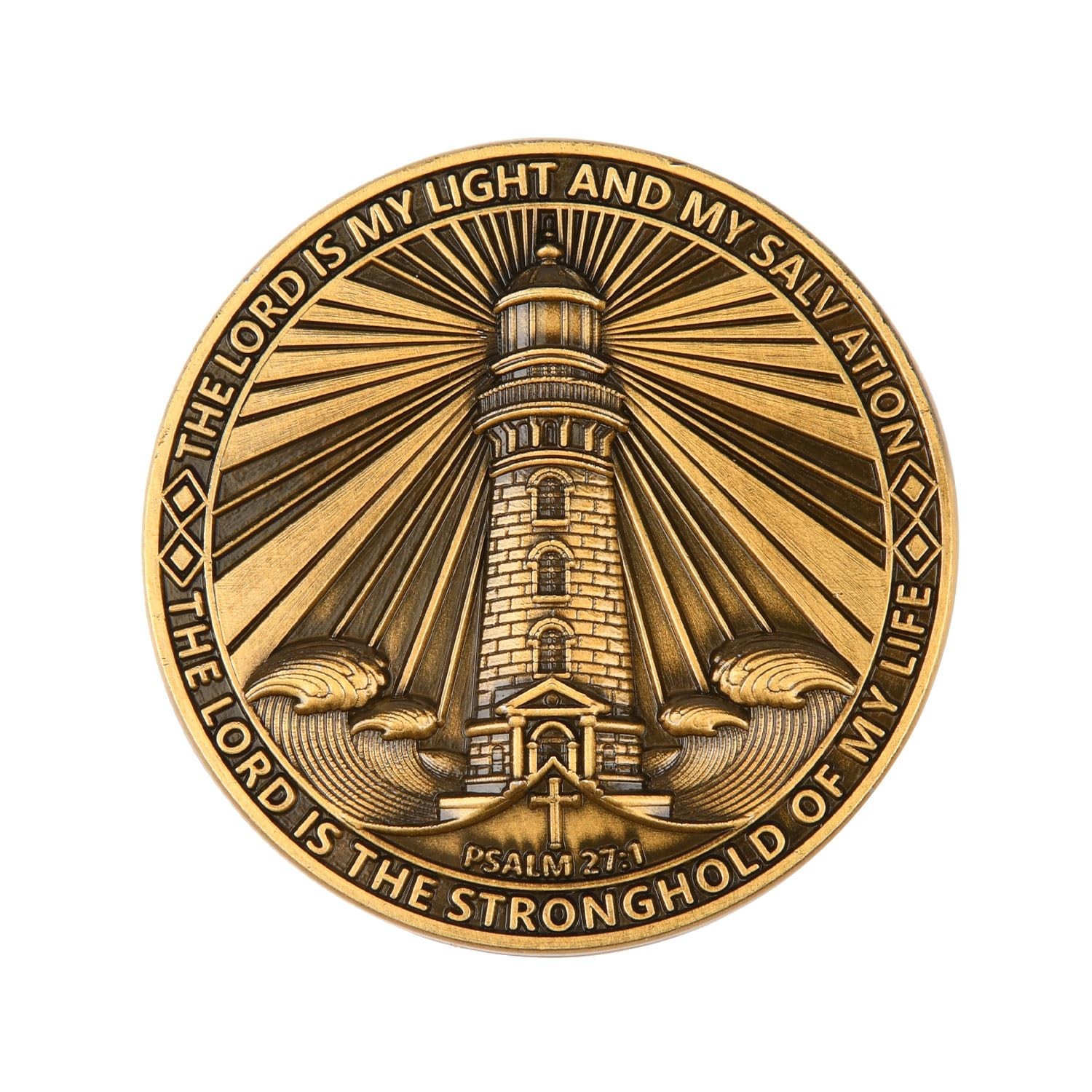 Inspirational Bible Verse Coin with Lighthouse Design – Psalm 27:1 & Isaia