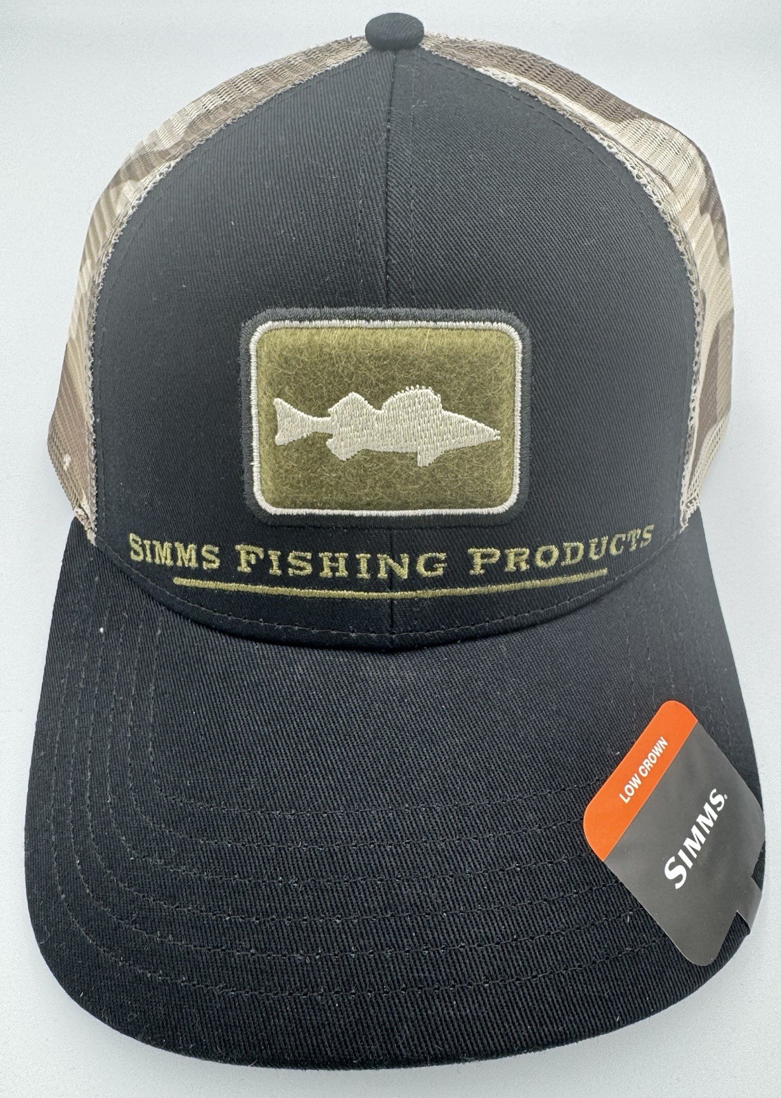 Simms Fishing Walleye Icon Trucker Woodland Camo NoGlare Black UnderBrim