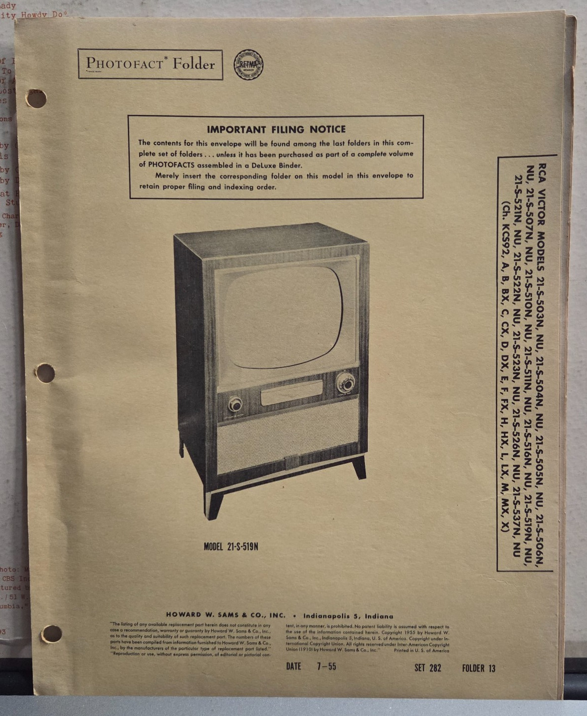 SAMS TELEVISION SERVICE MANUAL 282-13 RCA VICTOR 21-2-503N -504N -505N KCS92
