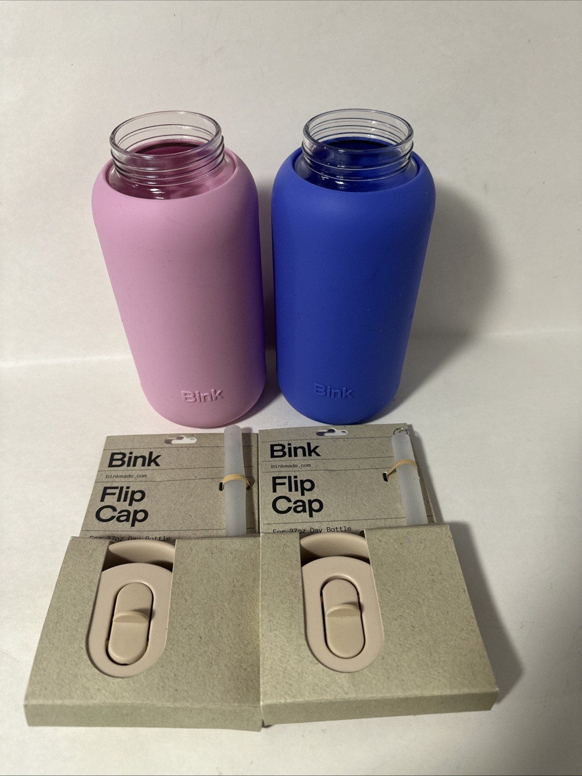 Lot of 2 Bink 27oz Day Glass Water Bottle Silicone Sleeves & Flip Cap