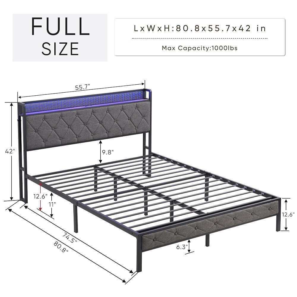 Full Size Bed Frame w/ LED Headboard, Storage & Platform, Outlet, USB Ports