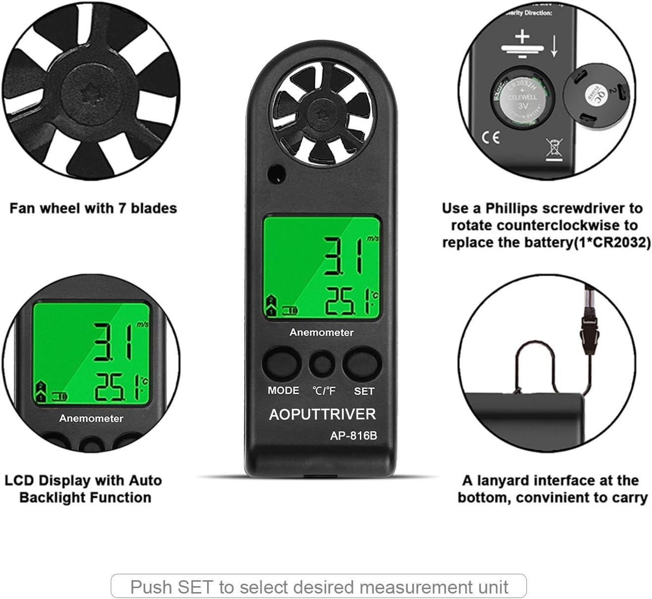 Handheld Wind Speed Meter Anemometer Thermometer for Outdoor Activities