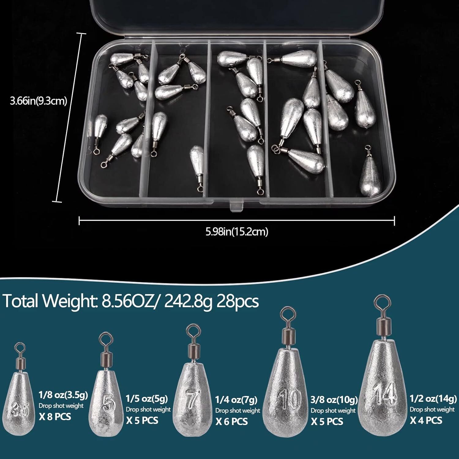 28Pcs/Box Fishing Weights Fishing Sinker Drop Shot Weights Fishing Weights Kit