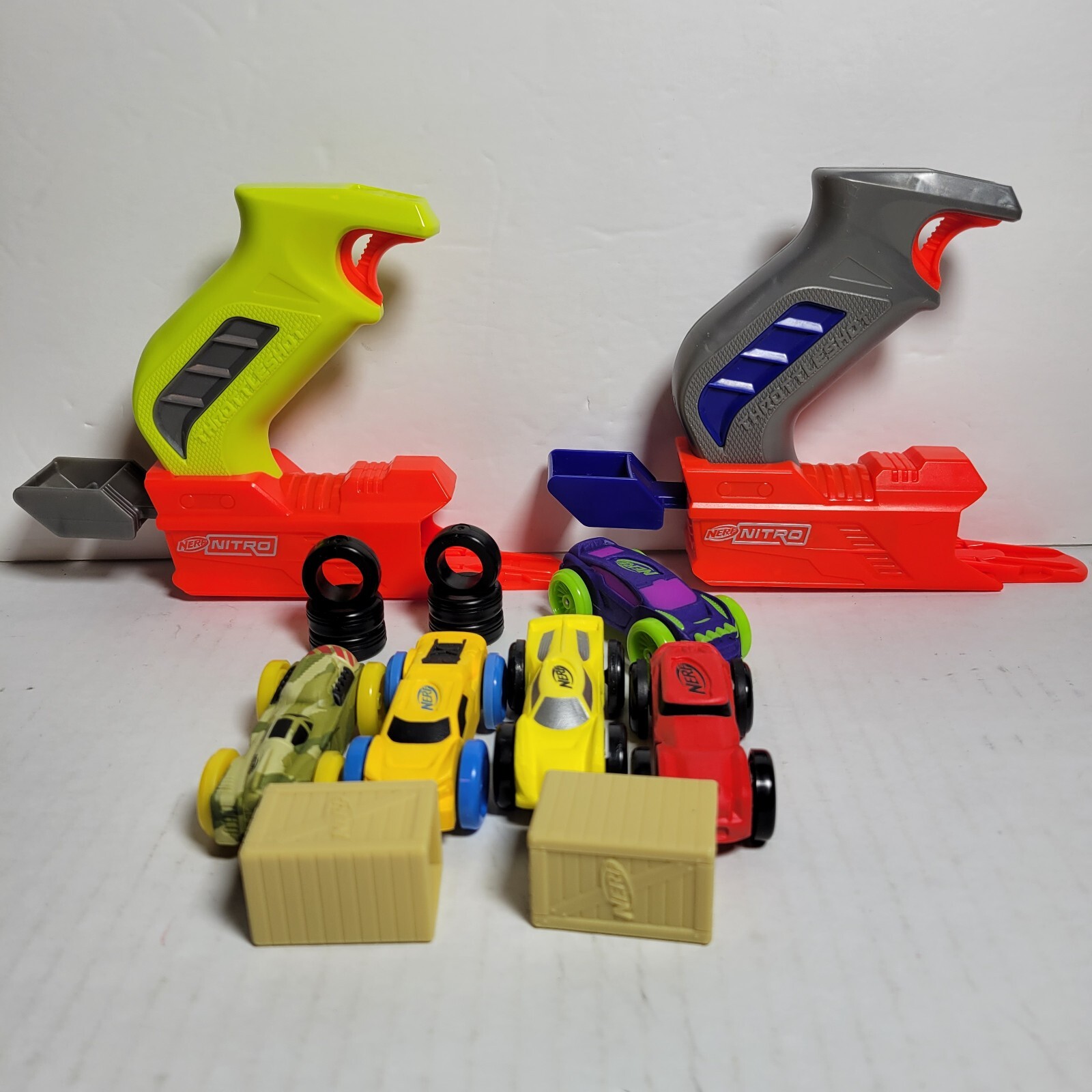 2 Nerf Nitro Throttleshot Launchers With 5 Cars Crates Tires Lot