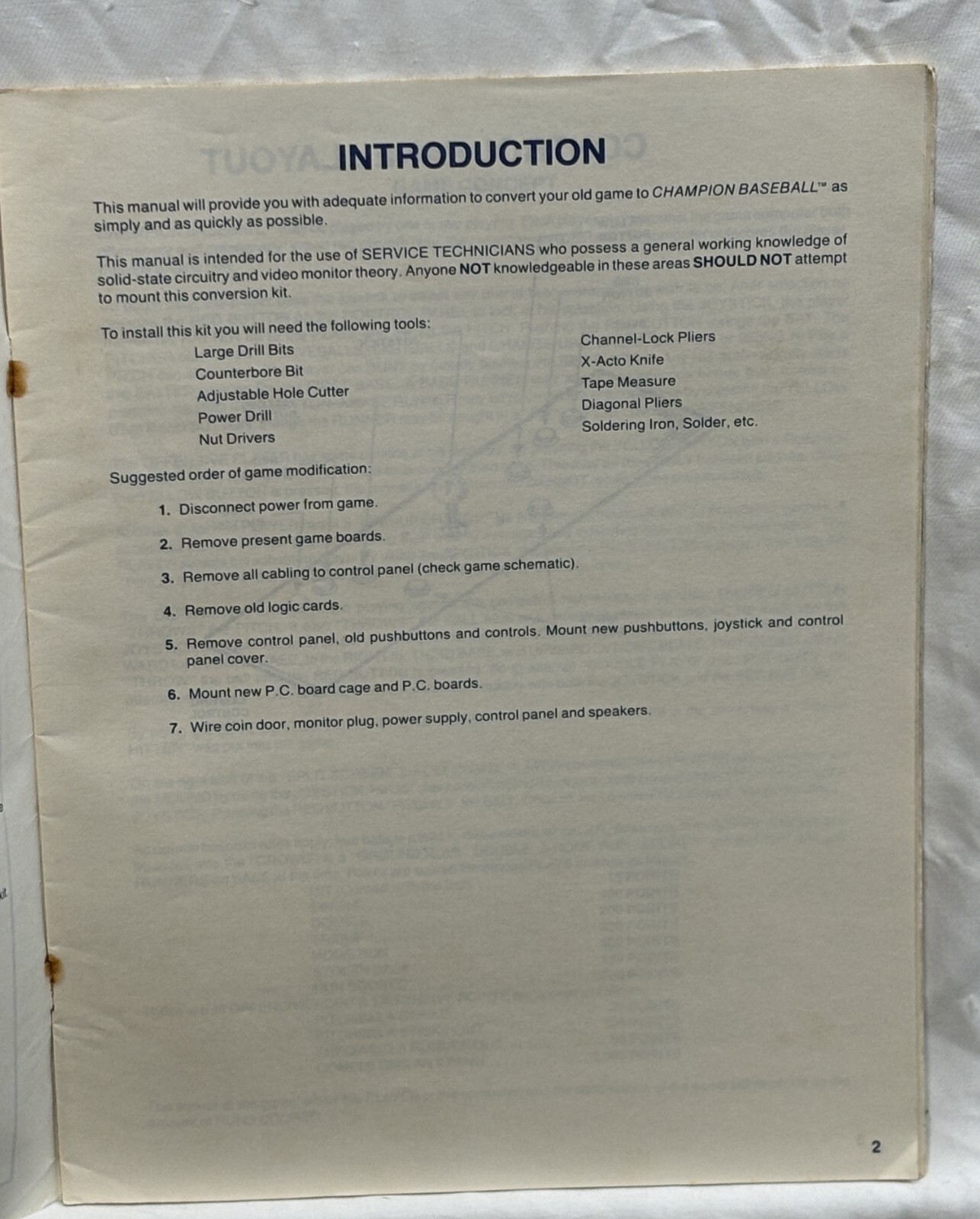ORIGINAL-WICO-CHAMPION BASEBALL-CONVERSION KIT TECHNICAL MANUAL