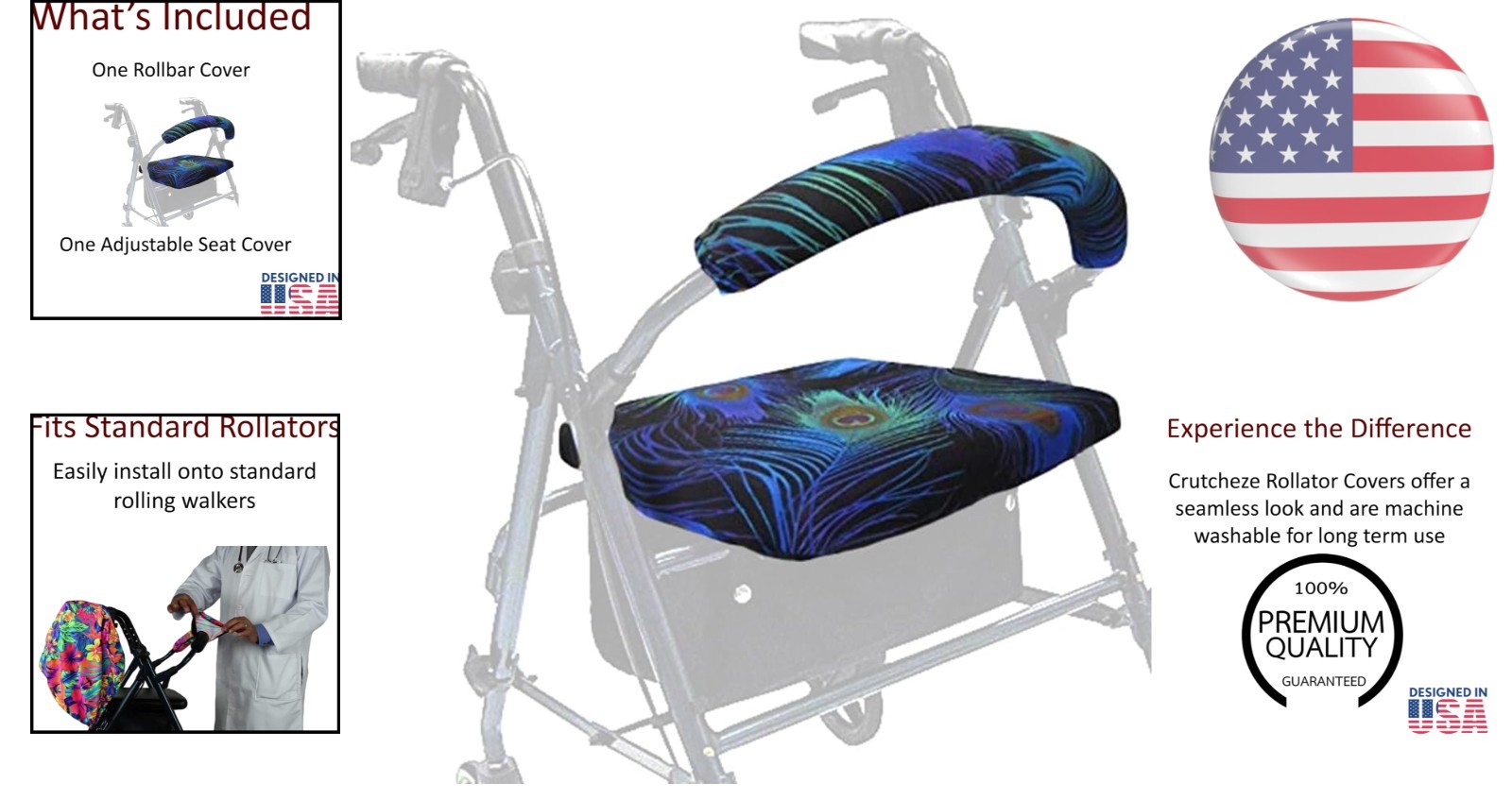 Protective Rollator Seat Cover Set with Peacock Feathers for Comfortable Use