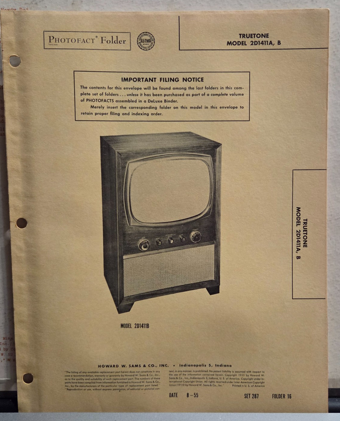 SAMS TELEVISION SERVICE MANUAL 287-16 TRUETONE MODEL 2D1411A B