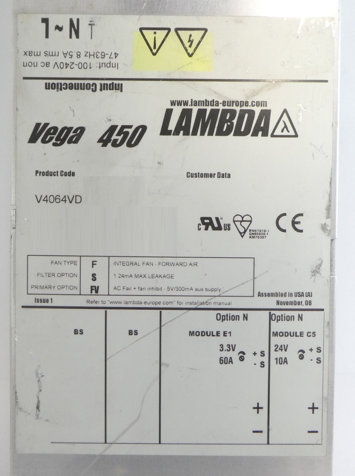 Lambda V4064VD Modular Power Supply Assembly Vega 450 Working Surplus