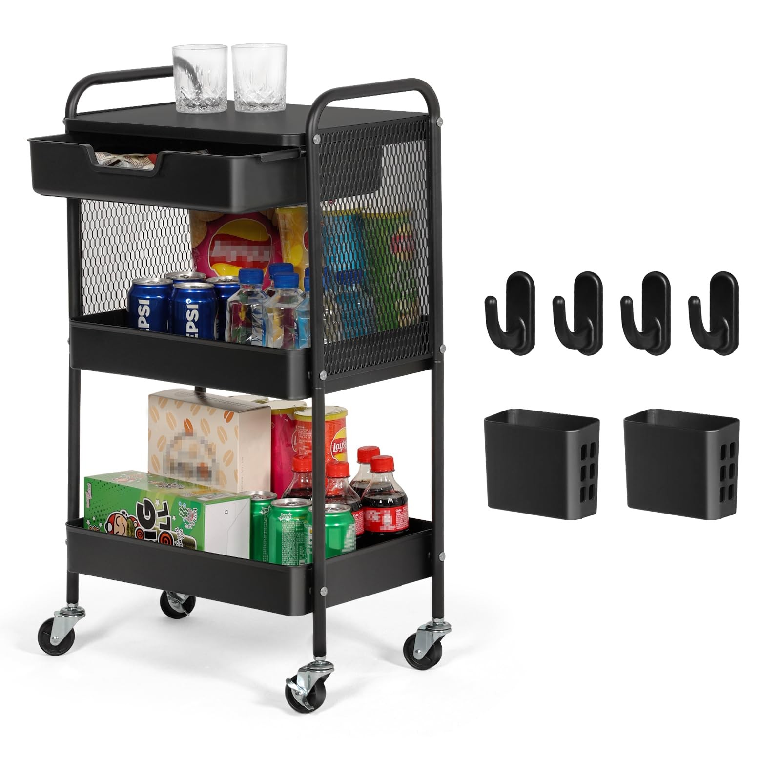 3-Tier Rolling Cart with Drawer, Metal Utility Storage Cart Organizer with Lo...