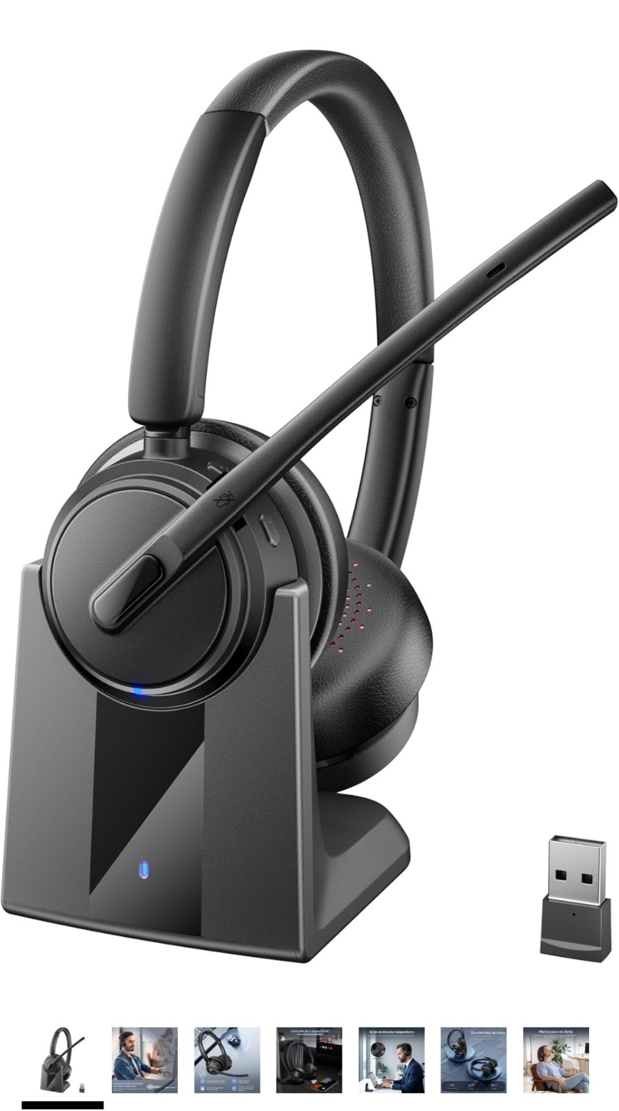 Wireless RF UHF USB Mono Headset w/ Boom Mic & Charging Dock, Black Headband