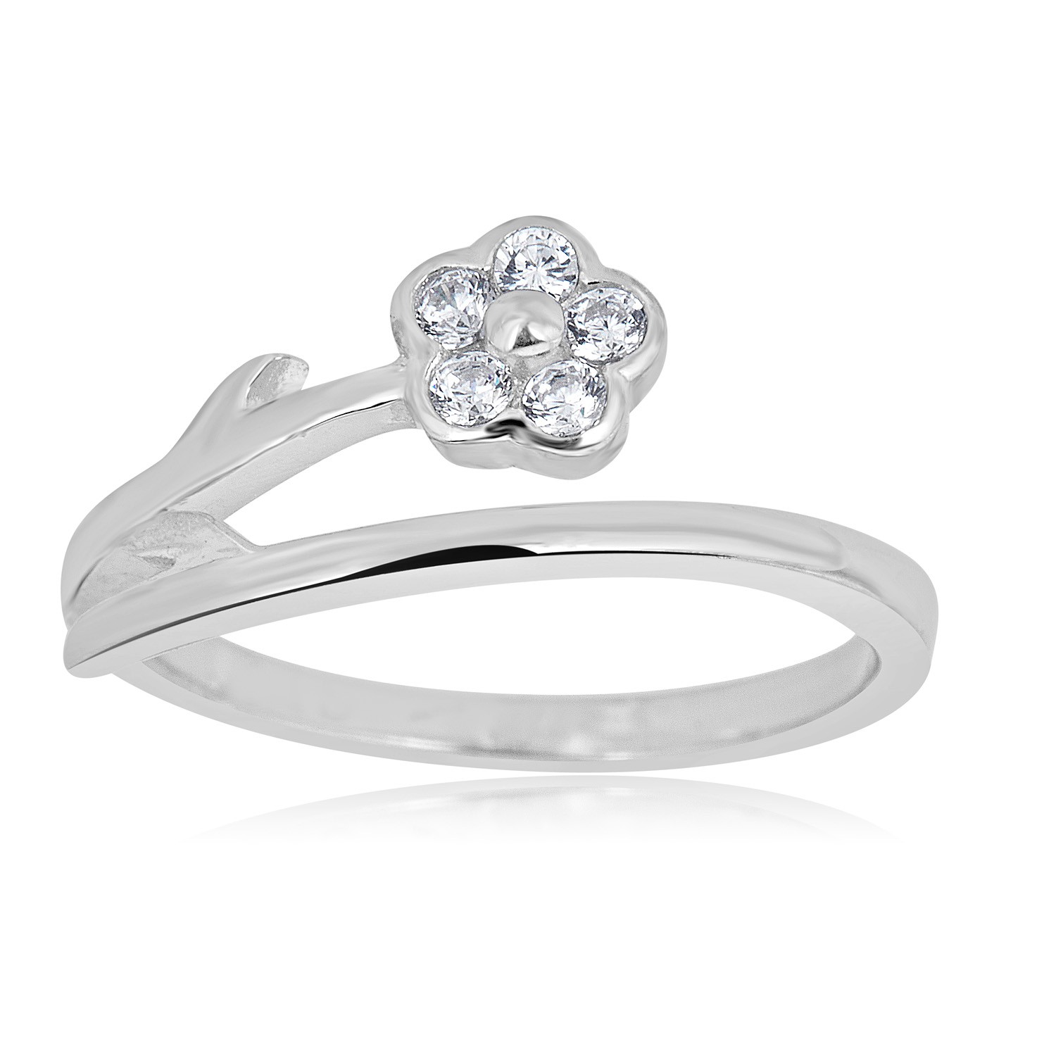 AVORA 925 Sterling Silver Adjustable Bypass Flower Toe Ring with Cubic Zirconia