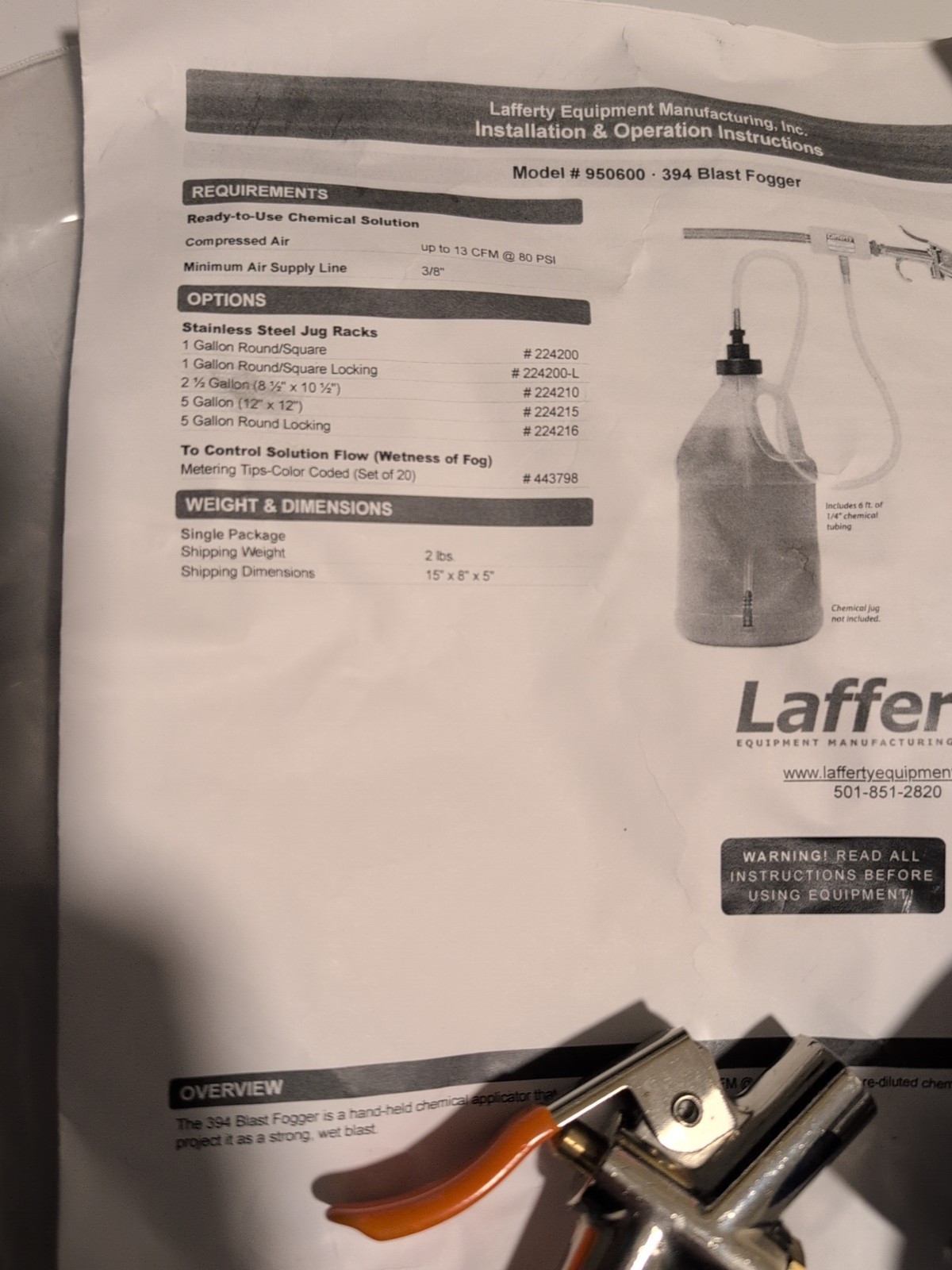 Lafferty LAVO Fogger Mister Pneumatic Model 950600 394 Blast Fogger