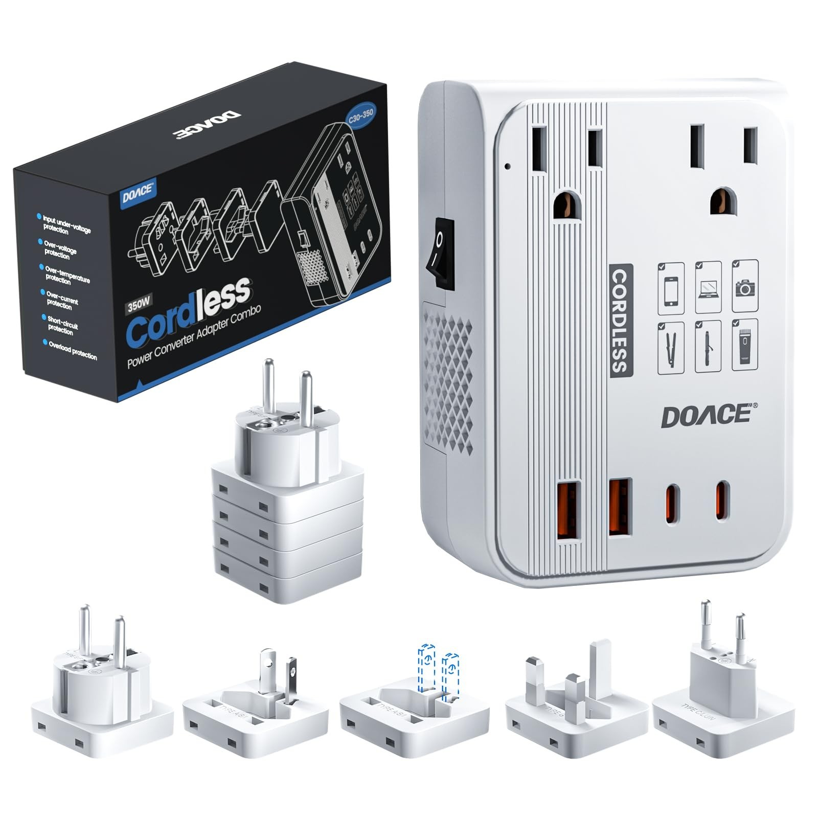 DOACE 220V to 110V Converter for European Travel - 350W Cordless Voltage Conv...
