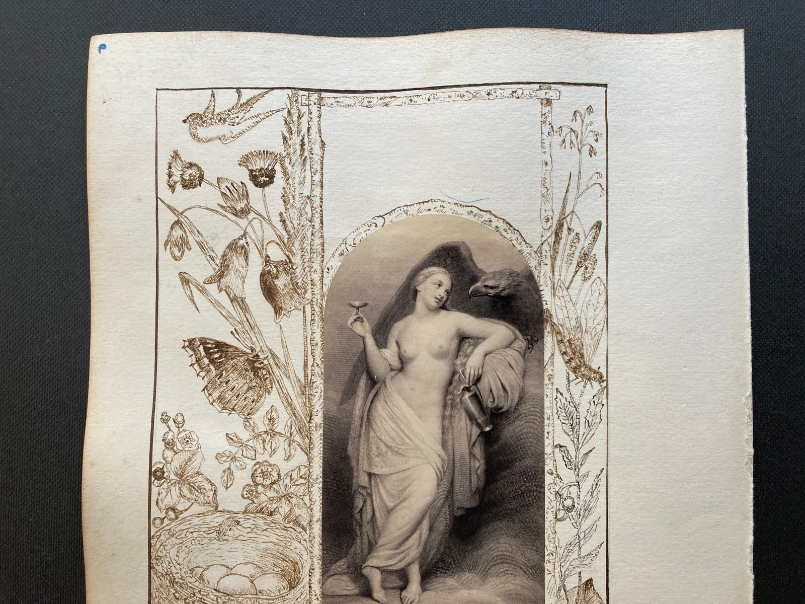 Victorian pen and ink border work around art print Herbe Scheffer