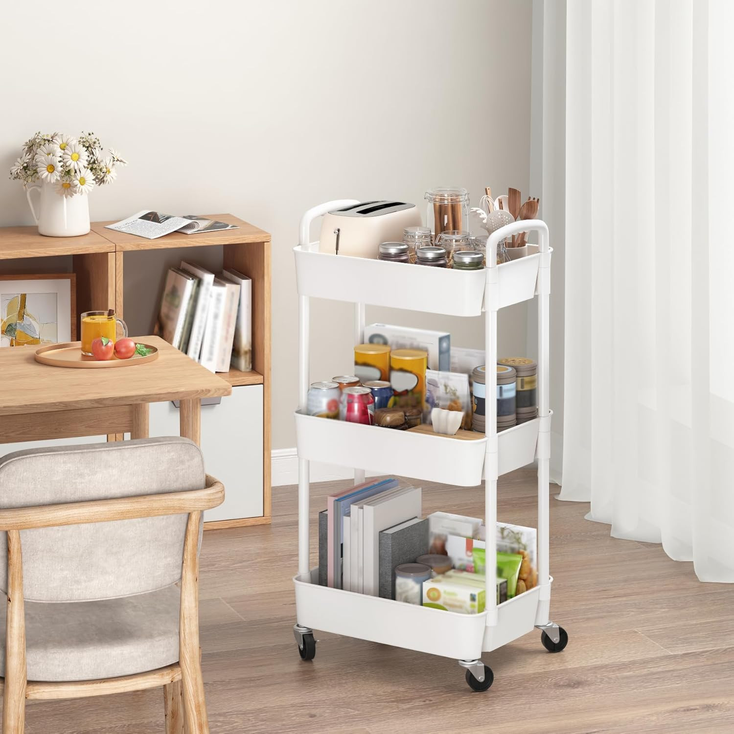 3 Tier Plastic Rolling Utility Cart With Handle Multi Functional Storage Trolley