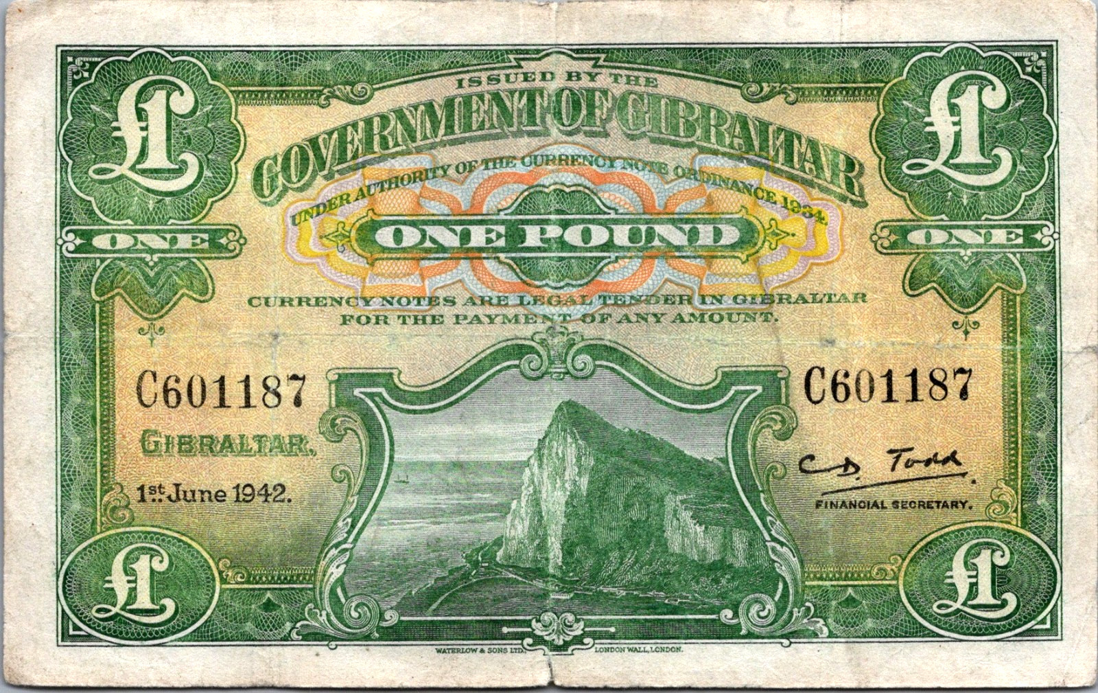 Gibraltar 1 Pound 1942 Pick# 15b.1