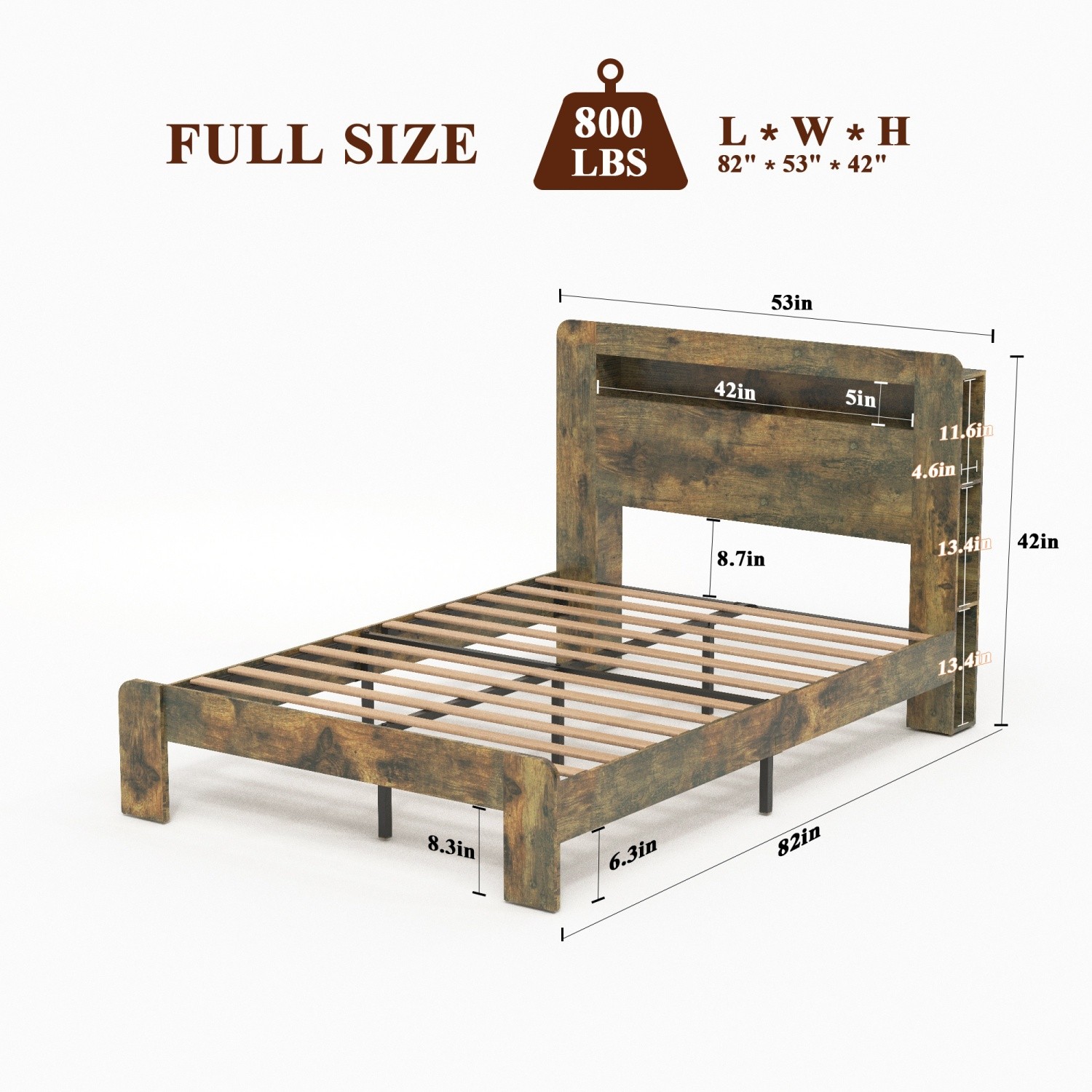 Full Size Bed Frame Wood Platform Bed w/ Storage LED Light Headboard & USB Ports