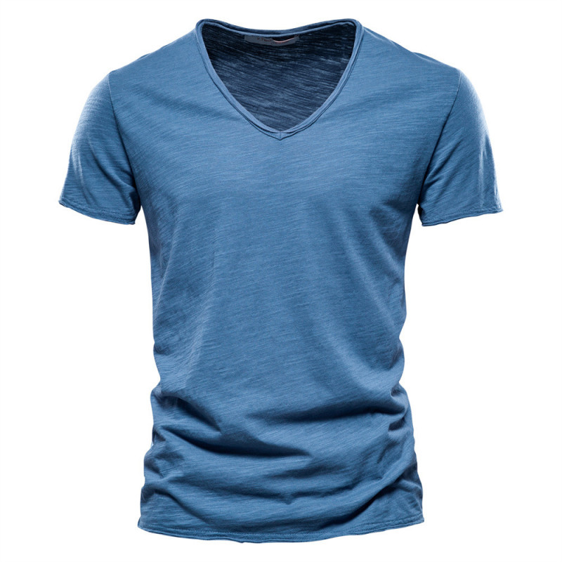 Summer Men's New Solid Color Slub Cotton V-neck Short Sleeve T-shirt Pure Cotton