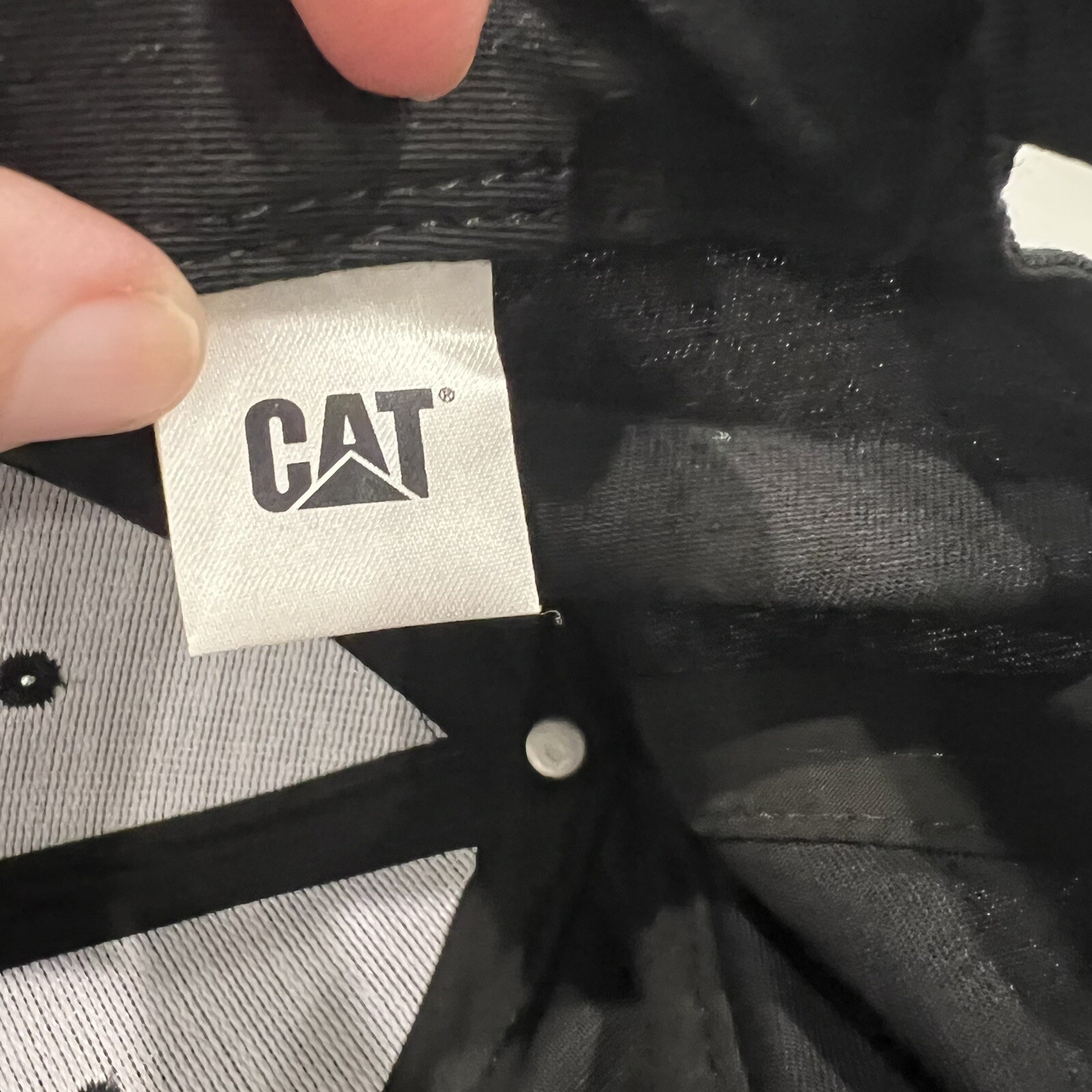 CAT in White w Yellow Triangle Logo Hat Cap Hook Loop CAT Brand Cotton EUC
