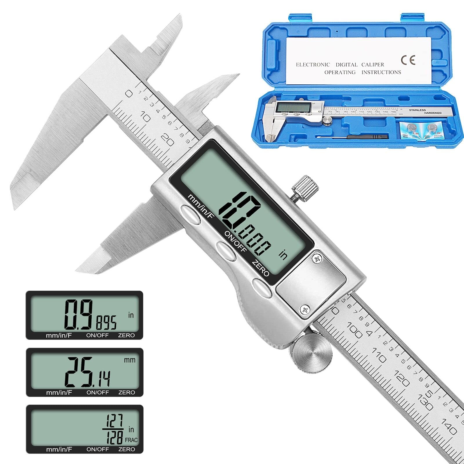 Digital Caliper, 6 inch Stainless Steel Caliper Measuring Tool with Inch/Metr...