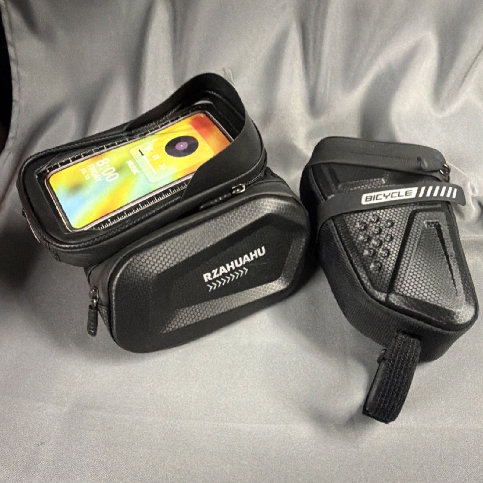 RZAHUAHU Black Handlebar Phone Holder Bag & Rear Saddle Bag Set, Zip Closure