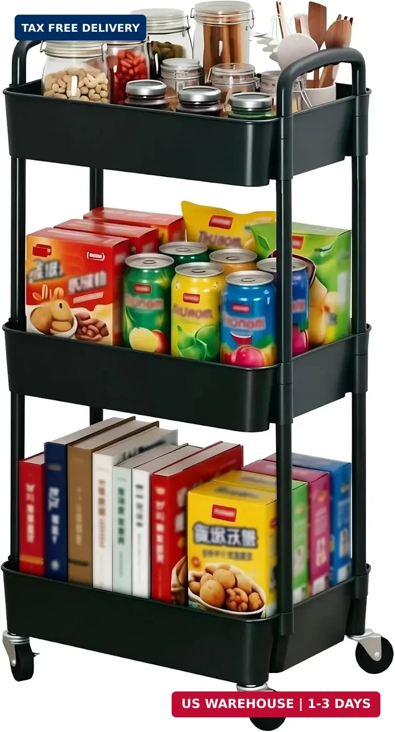 Sywhitta 3-Tier Plastic Rolling Utility Cart with Wheels for Storage,Black | Mul