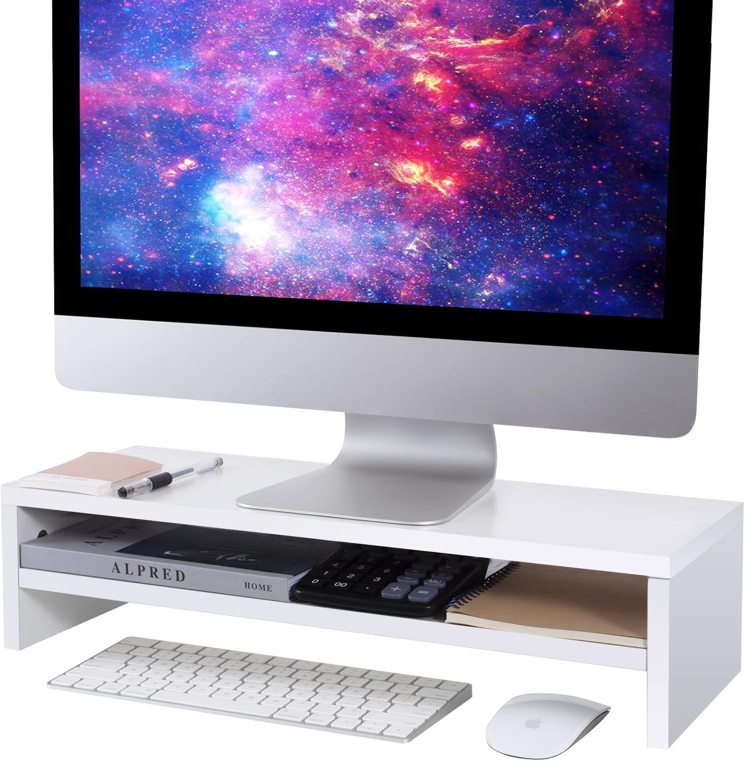 BEYGORM Monitor Stand Riser White, 21.6 inch 2 Tiers Wood Desk Shelf Computer
