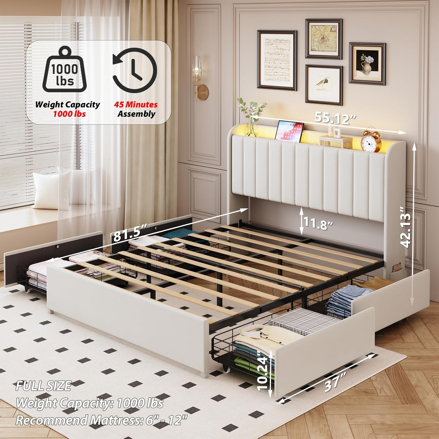 Full Bed Frame with 4 Drawers and Storage Headboard, Upholstered Platform Bed Fr