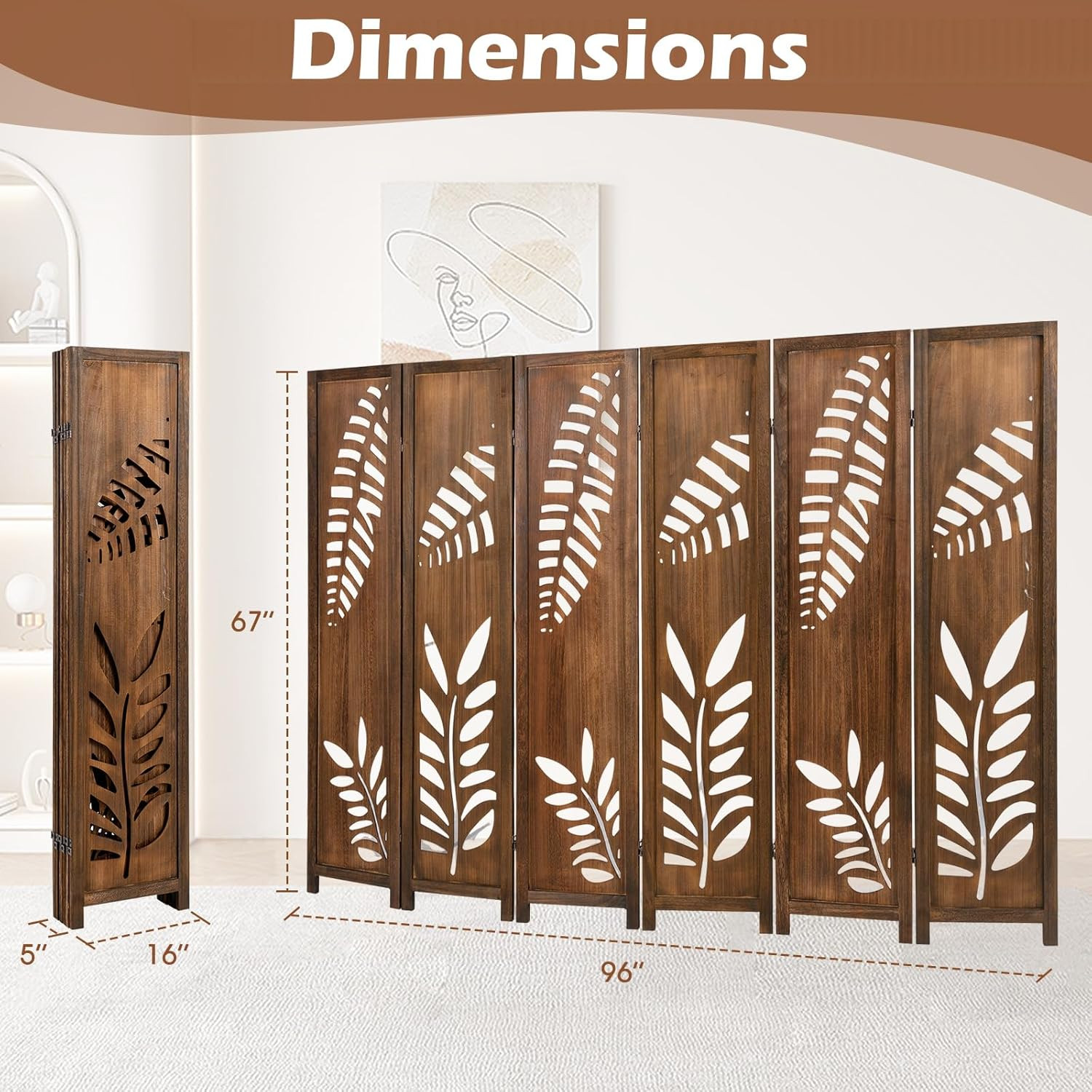 Boho Rustic Room Divider, 6 Panel Carved Leaf Folding Wood Screen, Fully Assembl