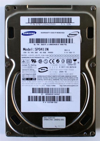 Samsung 40gb hdd, sp0411n rev.a, fw: 100-11, p/n: 333769-002, p/n: 0767j1, 2866