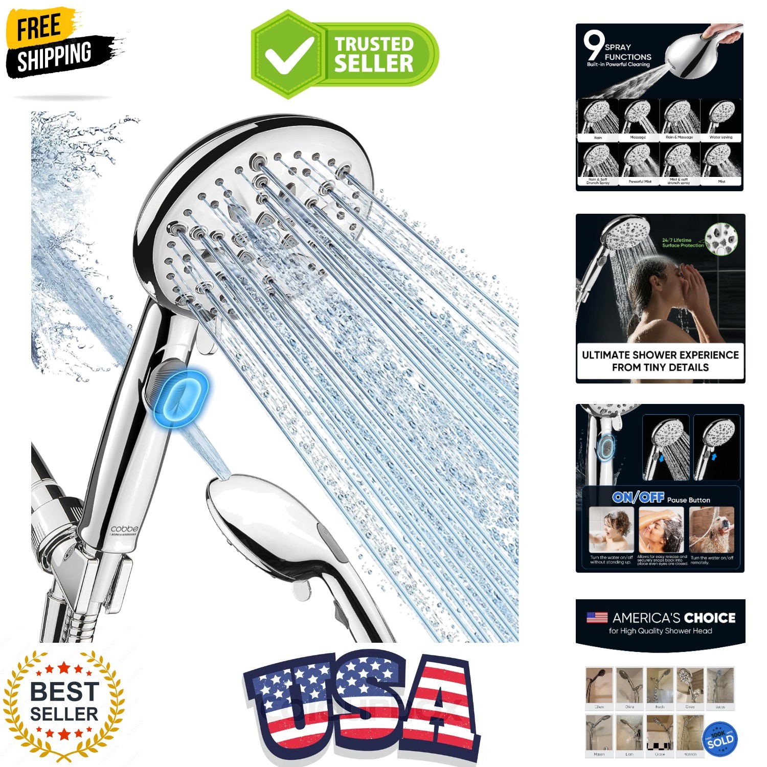 Shower Head, 9 Functions High Pressure shower head with handheld, Built-in Pa...