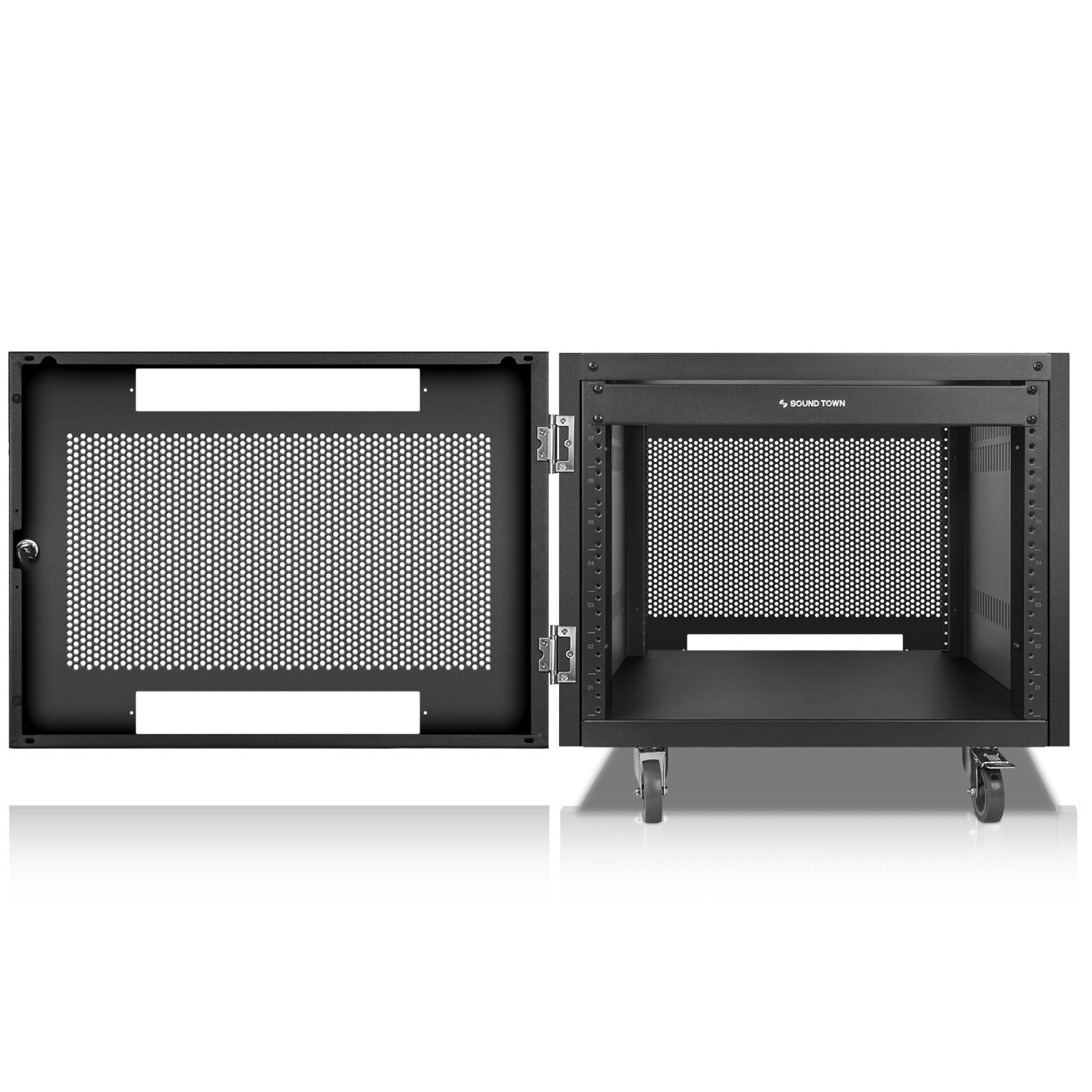Sound Town 8U Universal Steel Rack, w/ Mesh Doors, Locking Casters (STRK-M8UWD)